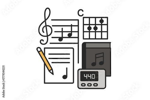 Music Theory Icons. Linear minimalistic theory class icon: clef symbols, chord chart, practice sheet, pencil, music book, tuning