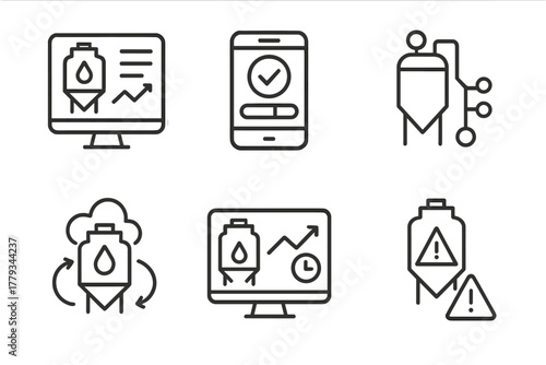 Digital Fermentation Icons. Line style icons of digital fermentation control: fermentation dashboard, app with progress bar,
