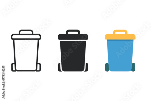 Minimalist Garbage Icons. Minimalist garbage day icon: three identical trash bins in a row, first in line style with thin outline,