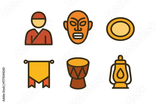 Cultural Celebrations Icons. Linear minimalistic cultural celebrations icon: traditional costume, ritual mask, local dish plate,