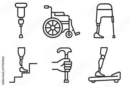 Prosthetic Mobility Icons. Line style icons of prosthetics and mobility: crutch socket integration, wheelchair arm connector,