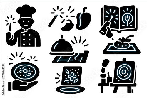 Culinary Innovation Icons. Solid style icons of culinary creativity: chef with light wand, flavor + beam combo, glowing sketchpad.