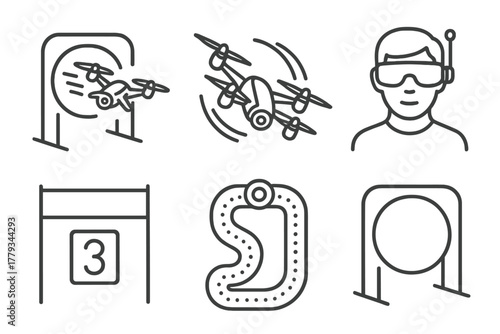 Drone Racing Icons. Line style icons of drone racing: quadcopter speeding through gate, drone in mid-turn, racer with goggles,