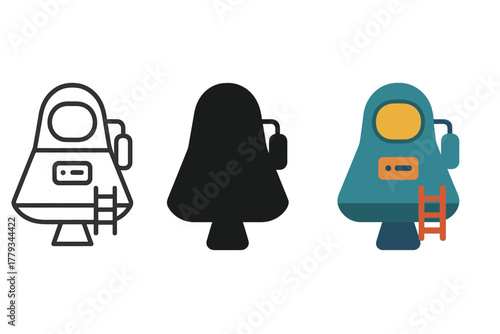 Astronautic Icons Collection. Linear minimalistic astronautics icon: capsule, thruster nozzle, life support tank, control panel,