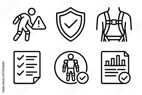 Exoskeleton Safety Icons. Line style icons of exoskeleton safety and regulation: fall detection icon, compliance certificate badge