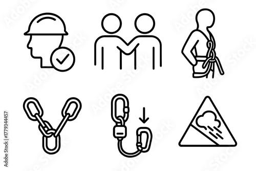 Safety Icons Collection. Line style icons of safety practices: helmet with checkmark, buddy check, rope tied-in climber, anchor
