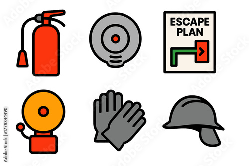 Firefighting Tools Icons. Linear minimalistic firefighting tools icon: fire extinguisher, smoke alarm, escape plan, alarm bell,