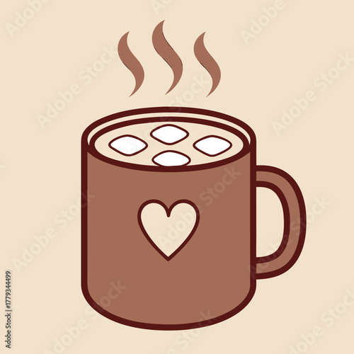 Warm hot chocolate drink in a brown mug, featuring a heart design