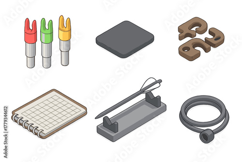 Isometric Archery Gear. Isometric vector illustration set Archery gear: LED lighted nocks, noise dampening strip, bow limb pocket