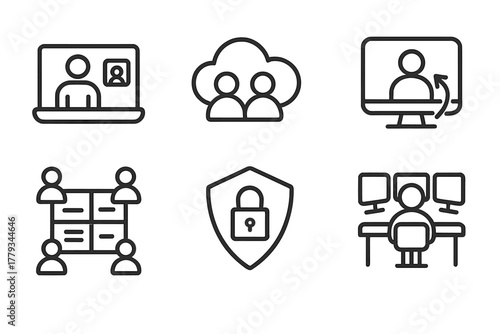 Remote Collaboration Icons. Line style icons of remote coordination in crisis: video call icon, cloud collaboration badge, remote
