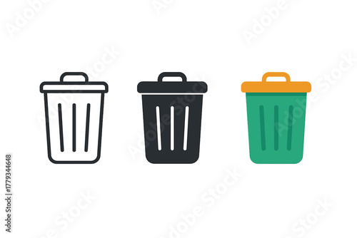 Minimalist Garbage Icons. Minimalist garbage day icon: three identical trash bins in a row, first in line style with thin outline,