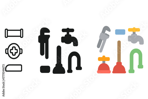 Minimalistic Plumbing Icons. Linear minimalistic plumbing icon: pipe wrench, pipe section, faucet, water valve, plunger, tubing