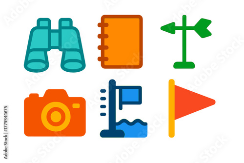 Coastal Observation Icons. Linear minimalistic coastal observation icon: binoculars, notebook, camera, tide gauge, weather vane,