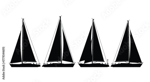 Four sailboats are sailing on the water, isolated on white background