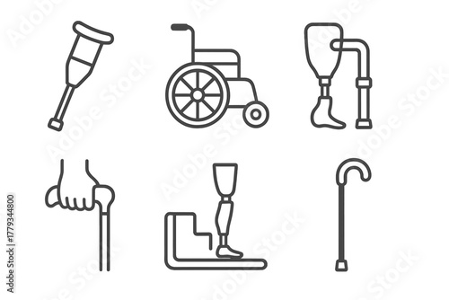 Prosthetic Mobility Icons. Line style icons of prosthetics and mobility: crutch socket integration, wheelchair arm connector,