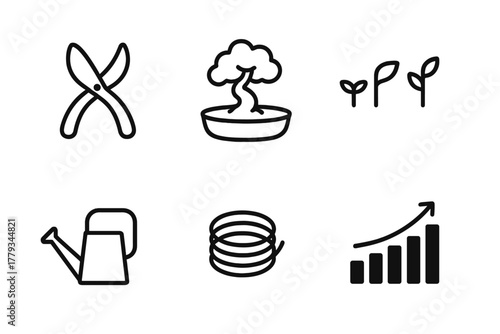 Bonsai Cultivation Icons. Linear minimalistic bonsai cultivation icon: pruning shears, bonsai pot, sapling stages, watering can,