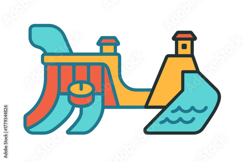 Hydro Plant Icons. Linear minimalistic hydro plant overview icon: aerial view, water intake, turbine hall, tailrace channel,