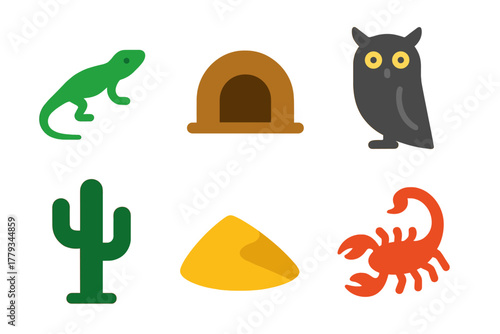 Desert Wildlife Icons. Linear minimalistic desert wildlife icon: lizard, burrow entrance, nocturnal owl, cactus, sand dune,