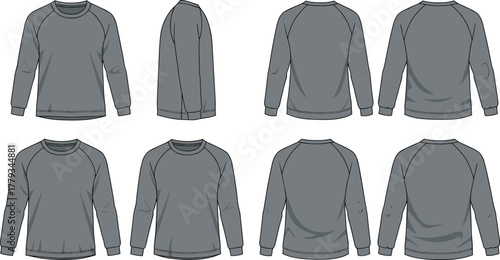 Long sleeve raglan shirt, technical flat sketch, fashion illustration, garment design, apparel template, crew neck, front back side views