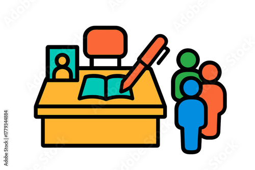 Autograph Area Icons. Linear minimalistic autograph area icon: signing table, chair, pen, notebook, photo print, line queue with