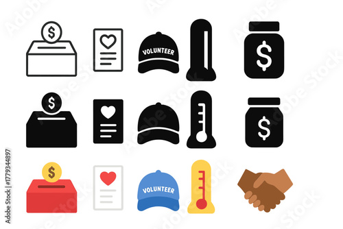 Fundraising Iconography. Linear minimalistic fundraising icon: donation box, charity flyer, volunteer hat, goal meter, collection