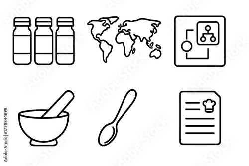 Cooking Spices Icons. Linear minimalistic cooking spices icon: spice jars, origin map, pairing chart, mortar and pestle, spice