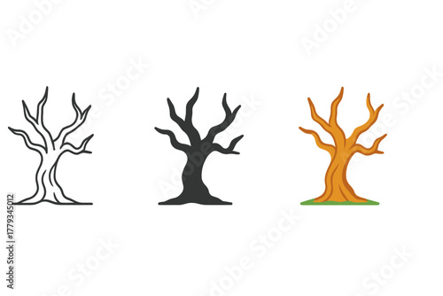 Minimalist Eerie Trees. Minimalist eerie tree icon: three identical twisted trees in a row, first in line style with thin outline,
