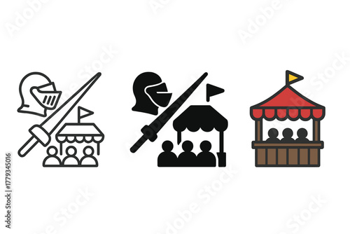 Minimalist Medieval Fair. Linear minimalistic medieval fair icon: knight helmet, jousting lance, market stall, tent canopy,