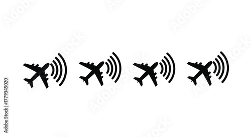 Four airplane icons with signal waves isolated on white background, aviation theme