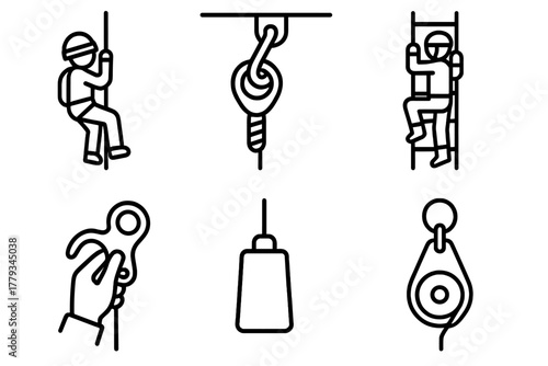 Vertical Caving Icons. Line style icons of vertical caving (pit caving): long rope descent, bolt anchor in ceiling, rope ladder