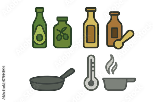Healthy Oils Icons. Linear minimalistic healthy oils icon: avocado bottle, olive jar, flaxseed oil, measuring spoon, cooking pan,