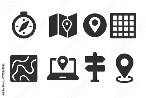 Navigation Tools Icons. Solid style icons of map and navigation tools: compass glyph, folded map icon, GPS ring badge. Grid