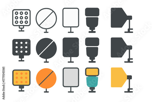 Lighting Tools Icons. Linear minimalistic lighting tools icon: portable LED, reflector, diffusing screen, flash, softbox, clamp