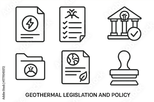 Geothermal Policy Icons. Line style icons of geothermal legislation and policy: energy law document, compliance checklist,
