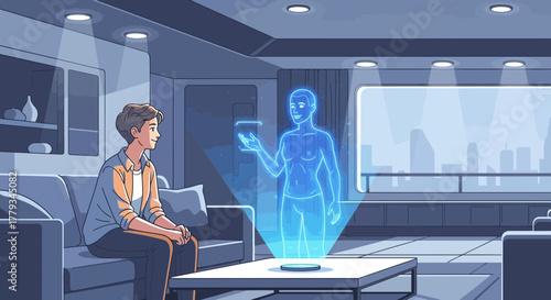 A man looking at a futuristic hologram projection inside