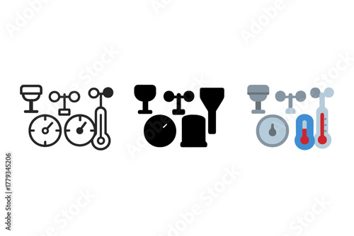 Weather Tools Icons. Linear minimalistic forecasting tools icon: weather sensor, barometer, anemometer, rain collector,