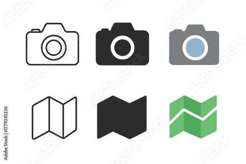 Minimal Camera and Map Icons. Linear minimalistic camera icon: photo camera outline, uniform line thickness, no fill, Solid camera