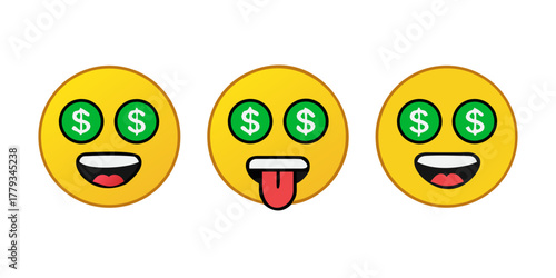 Top quality emoticon. Dollar eyes emoji. Money face emoticon with green tongue. Yellow face emoji. Popular element. Emoji icons from Telegram App.