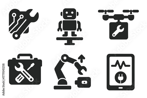Maintenance Tools Icons. Solid style icons of maintenance and repairs: wrench with circuit board, bot on service stand, repair