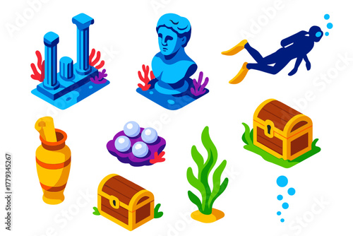 Underwater Classic Literature. Isometric vector illustration set Classic literature – underwater ruins, submerged statue, coral