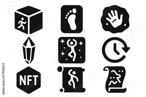 Performance Capture Artifacts. Solid style icons of performance capture relics: motion relic cube, archived step token, gesture