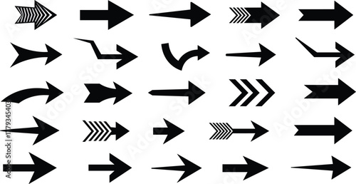 Arrow icons collection, right direction, curved arrows, multiple heads, chevron style, navigation symbol, vector design, graphic element, pointer set, guide
