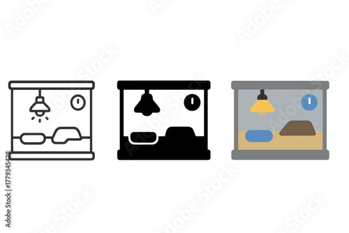 Vivarium Icon Collection. Linear minimalistic vivarium icon: glass tank, heat lamp, water pool, feeding dish, basking platform,