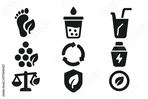 Eco Bubble Tea Icons. Solid style icons of environmental science in bubble tea: carbon footprint leaf, water-saving tea icon,