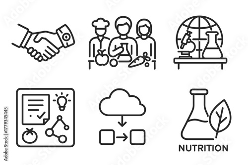 Research Collaboration Icons. Line style icons of research collaborations: space agency handshake icon, food research team,