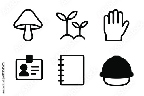 Nature Icon Set. Linear minimalistic nature identification icon: fairy cap mushroom, sprouting plants, gloves, ID card, notebook,
