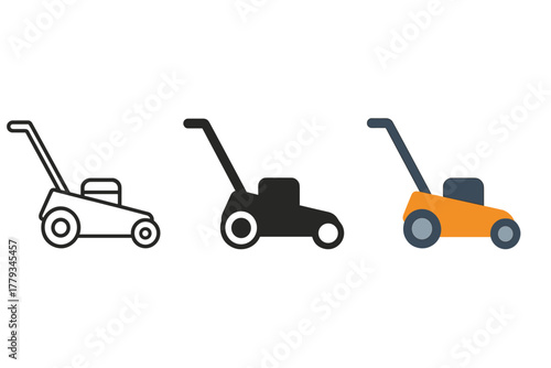 Trio of Lawn Mowers. Minimalist lawn care icon: three identical lawn mowers in a row, first in line style with thin outline,
