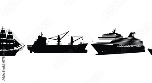 Various ship silhouette isolated on white background for graphic design