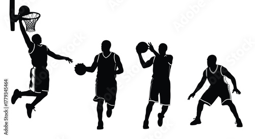 Silhouette of basketball players in action isolated on white background