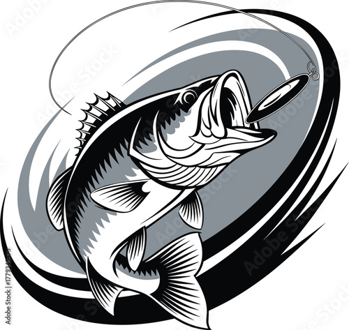 Aggressive sport-fishing logo of a bass fish striking a lure, dynamic pose with swirling fishing line, sharp inked outlines, detailed scales and fins, monochrome vector artwork, professional and bold 